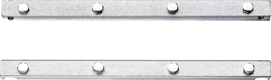 Two parallel metal strips, each with six white, round magnets.