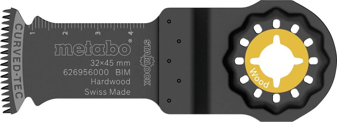 Oscillating saw blade by Metabo, 32x45 mm, BIM, for hardwood. Black blade with scale, snaplock fitting marked with 'wood'. Swiss Made.