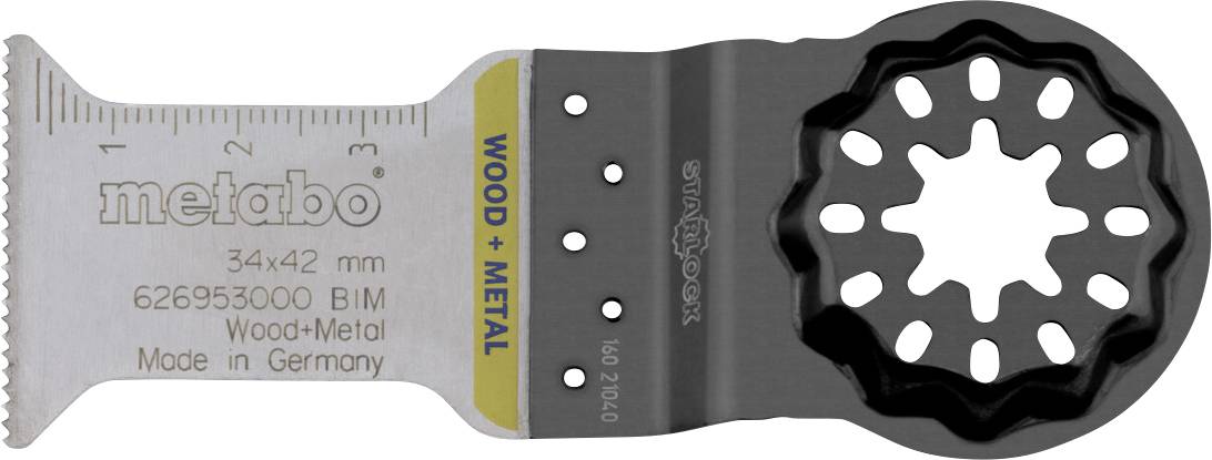 Black 'Metabo' saw blade for wood and metal, 32 x 45 mm, featuring Curved-TEC design with distinctive tooth pattern for precise cutting.