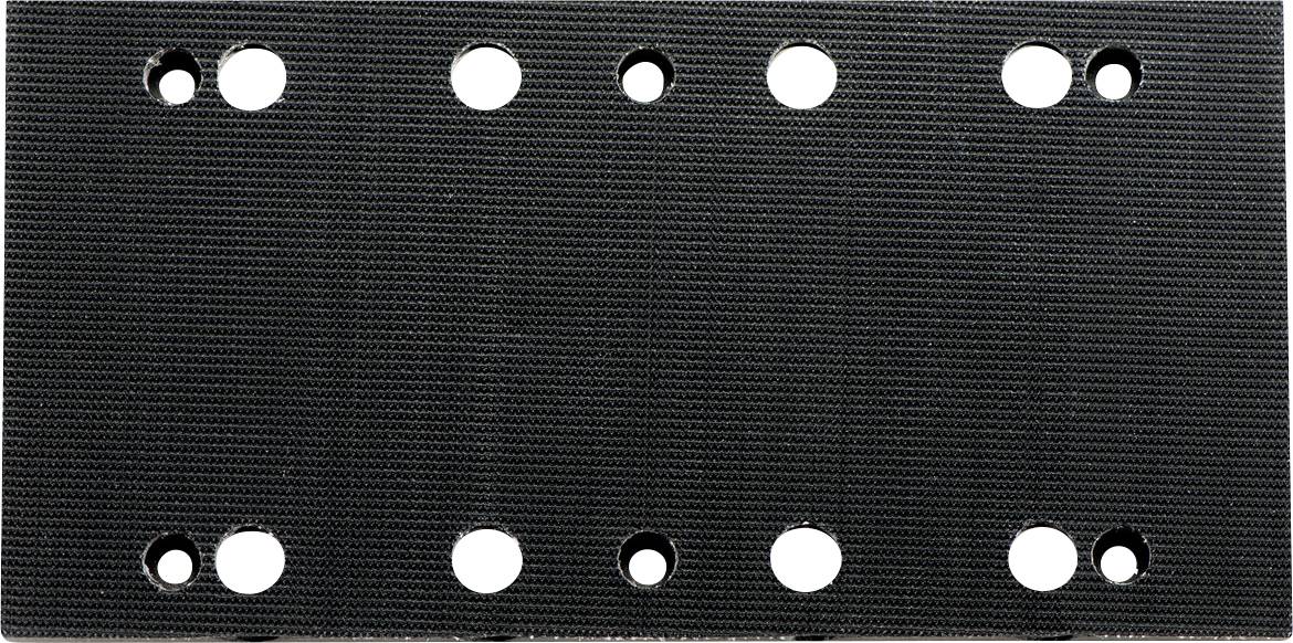 Rectangular black metal plate with ten evenly distributed round holes. Six holes at the top, four holes at the bottom.