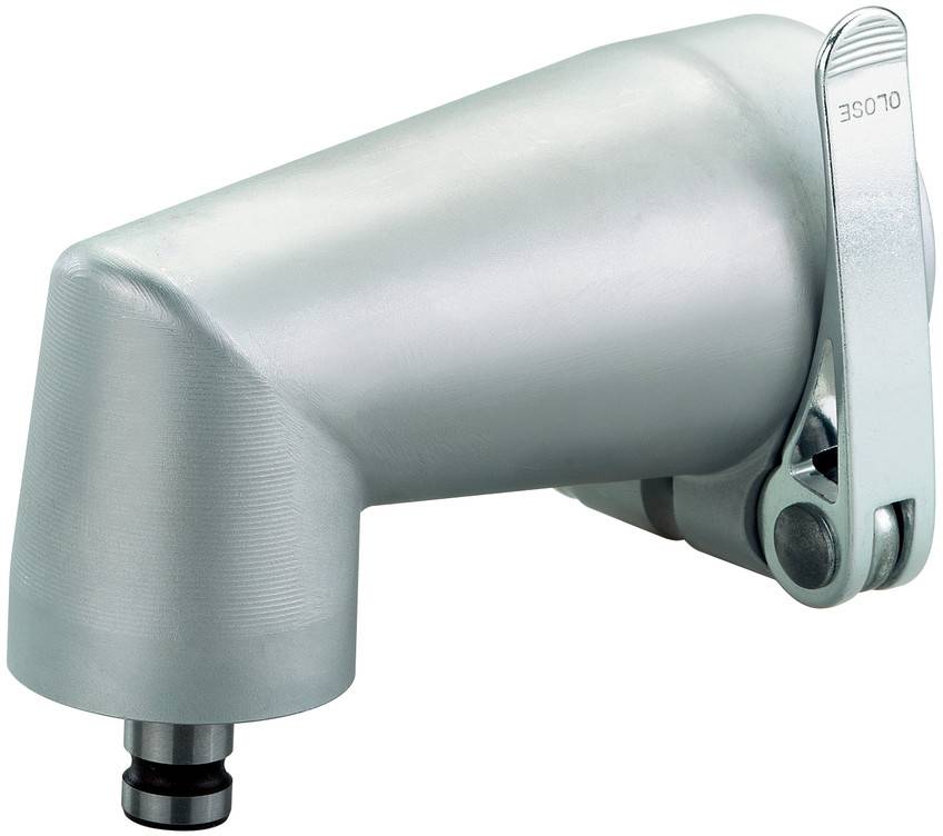 Silver cylindrical rotary and tilt lock, used for controlling liquid or gas outlets.