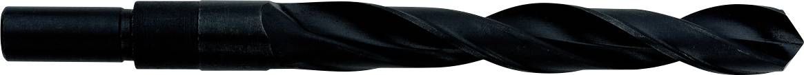 Close-up of a black twist drill bit with a cylindrical shank on a white background.