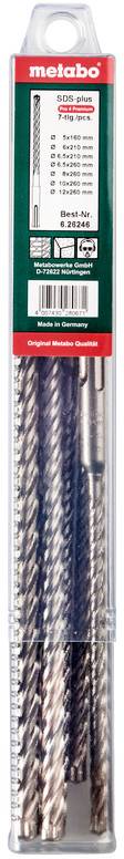 Package of Metabo SDS-plus drill bits, 8-piece set for masonry drilling, shown in clear plastic blister packaging with red and white label.