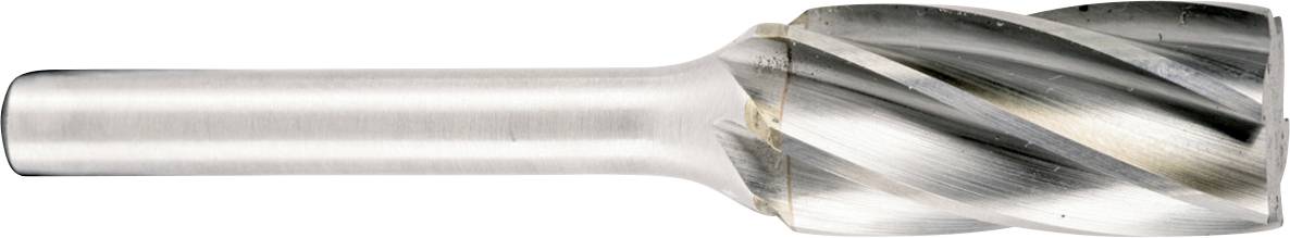 A metal end mill cutting tool with a cylindrical shank and spiral flutes.