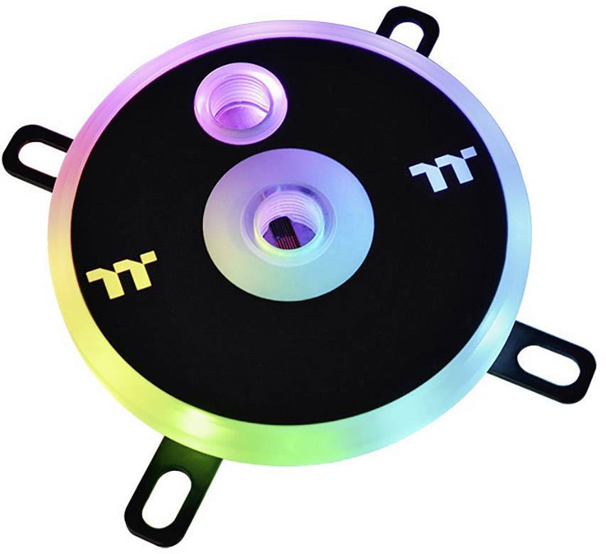 Rounded, black computer heatsink with illuminating RGB colours and two connectors, framed by metallic mounting brackets.