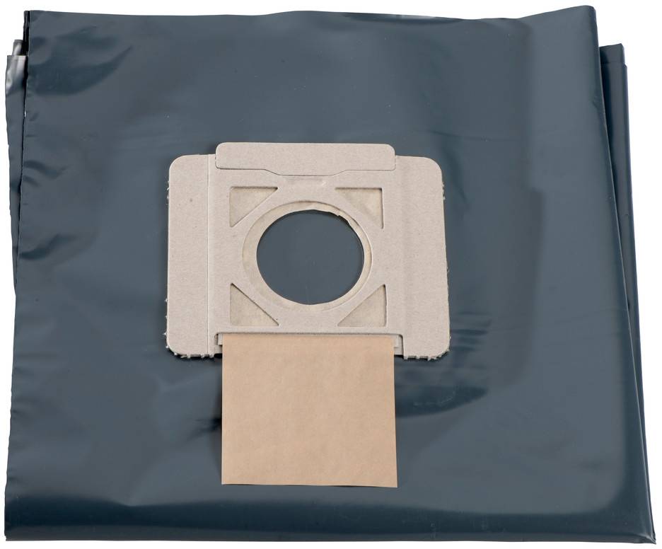 A vacuum cleaner bag made of brown cardboard and black plastic lies flat on a surface.