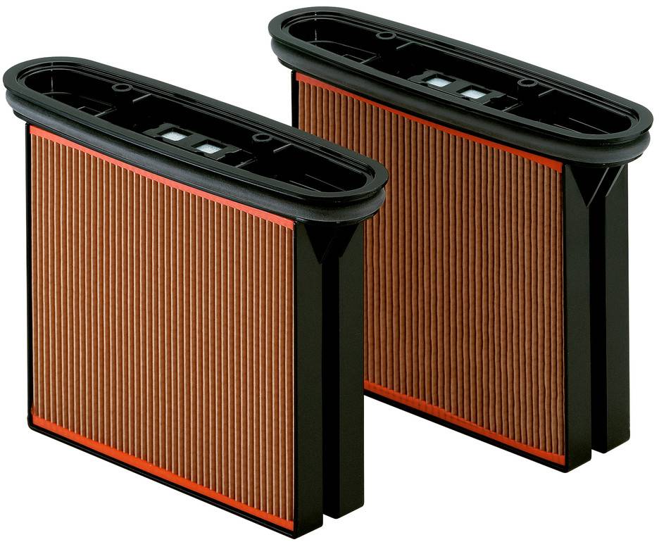 Two rectangular air filters with red pleats and black frames, positioned side by side.