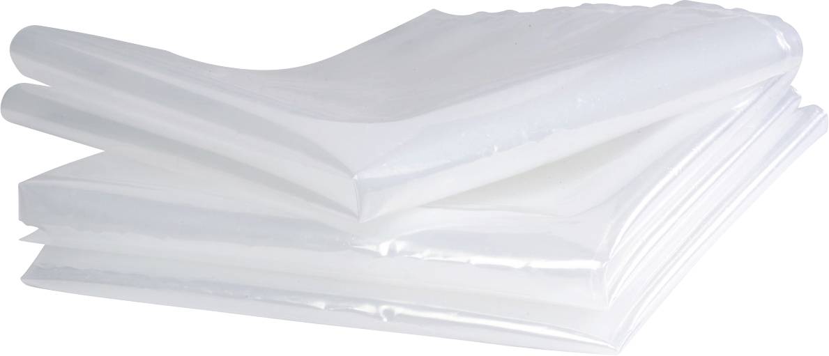A stack of folded translucent plastic sheets or bags, bundled together on a white background.