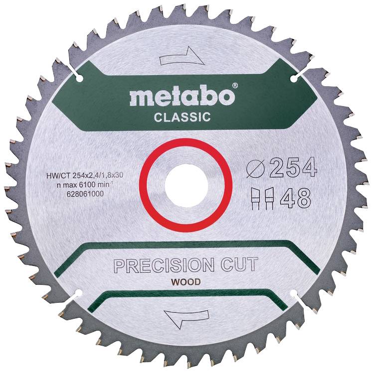 A round saw blade with a distinctive tooth pattern. Inscription: 'metabo CLASSIC', 'PRECISION CUT WOOD', diameter 254 mm, 48 teeth.