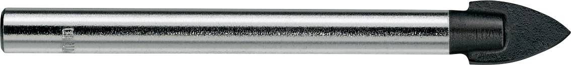 Silver utility knife blade with black plastic cap and pointed end, shown horizontally on a white background.