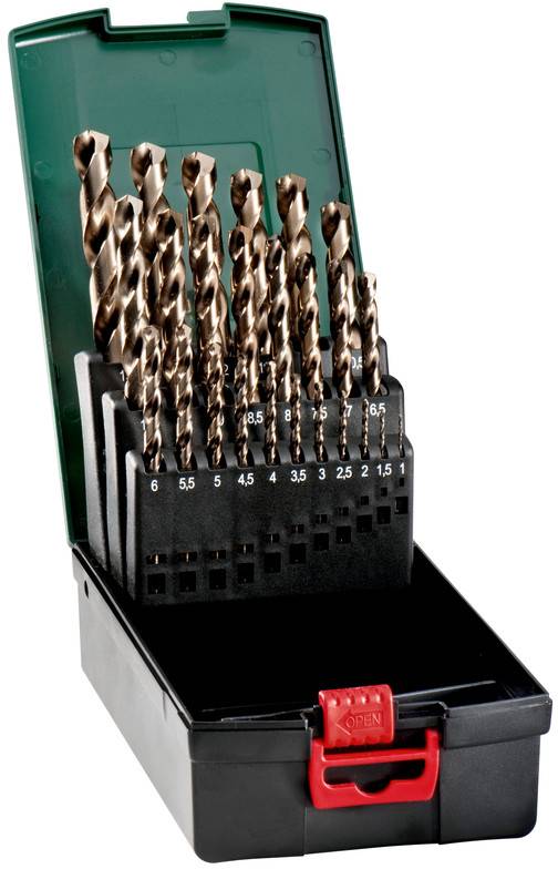 Set of numbered drill bits in a black plastic case with a green lid and red latch.