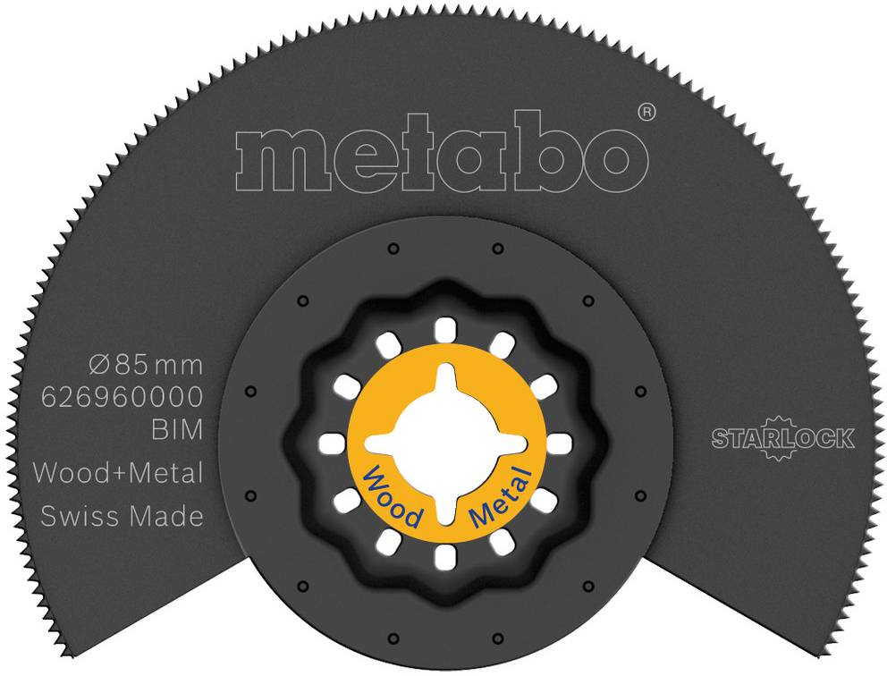 Black segment saw blade with teeth for wood and metal, Metabo brand, diameter 85 mm, Swiss Made.