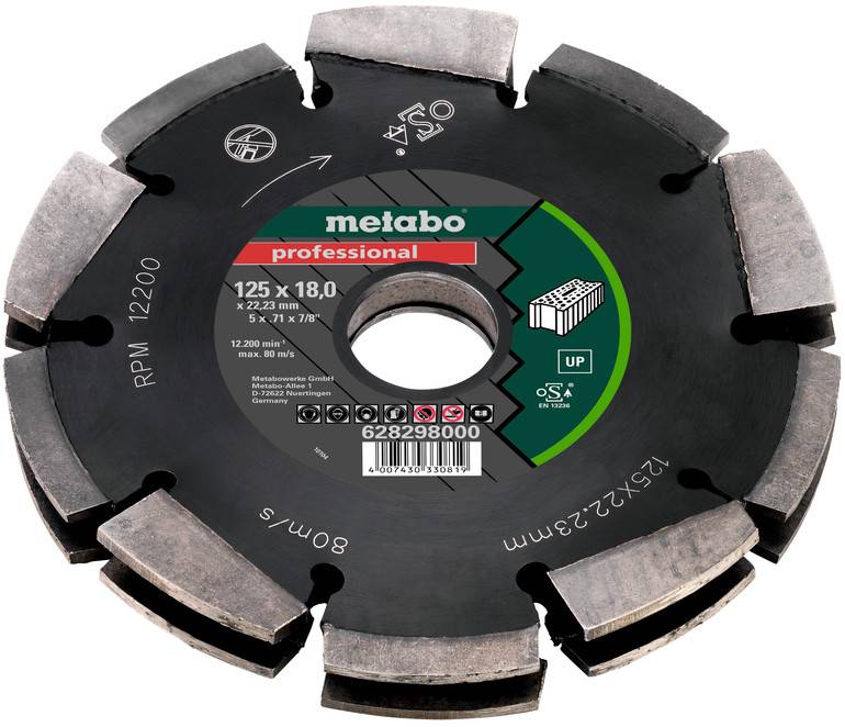 Metal circular saw blade with Metabo logo, 125x18 mm, suitable for concrete work at 12,200 rpm.