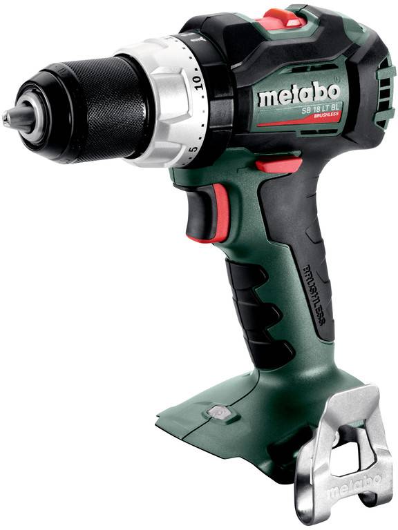 Metabo cordless drill driver with chuck and belt clip, shown in profile on a white background.