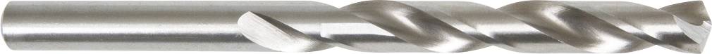 Close-up of a metal twist drill bit with a pointed tip and helical flutes on a silver shaft.