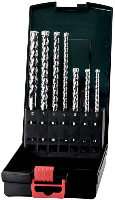 Open drill bit set in a black case with seven spiral bits, sizes labeled 12, 10, 8, 6, 8, 6, and 5.