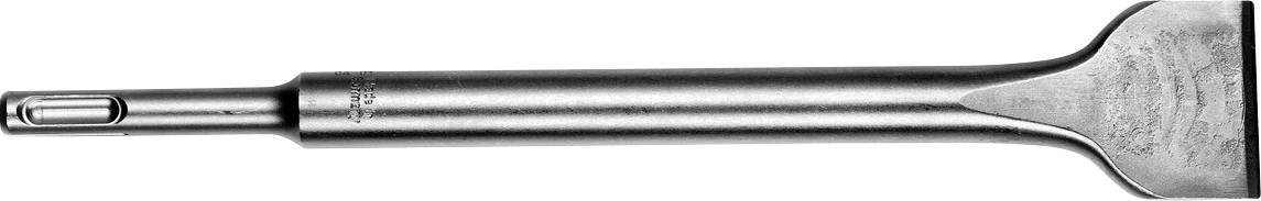 Close-up of a metal chisel or scraper tool with a flat blade and hexagonal shaft.