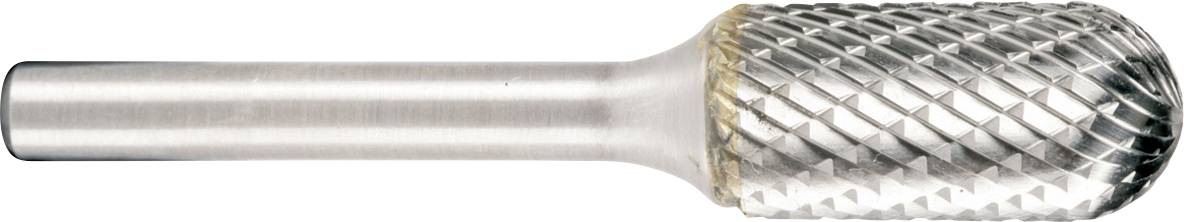 A metallic textured tool with a long smooth handle and rounded, crosshatched head, shown horizontally on a white background.
