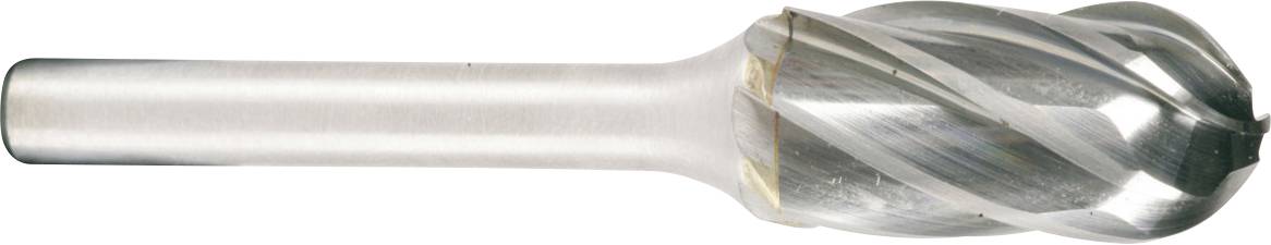 Close-up of a metal end mill cutting tool with a cylindrical shank and spiral fluted head.
