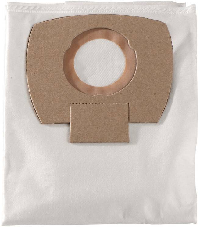 Vacuum cleaner bag with cardboard opening and fabric body against a white background, ready for use in a vacuum cleaner.