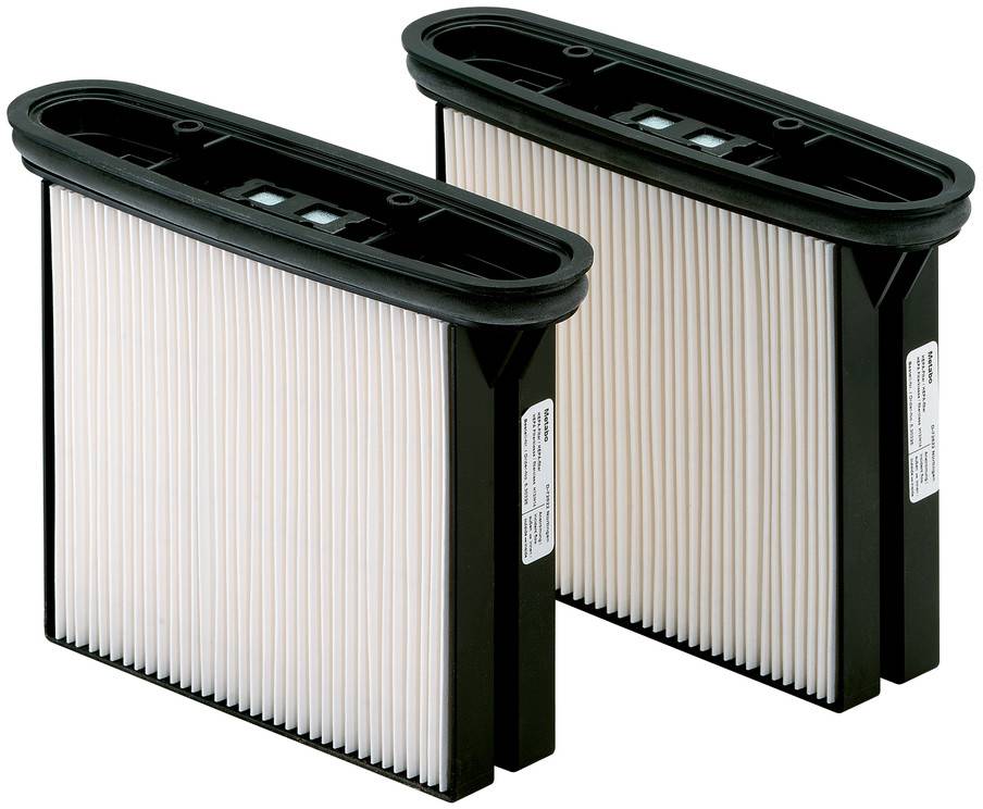 Two rectangular pleated air filters with black plastic frames shown side by side on a white background.
