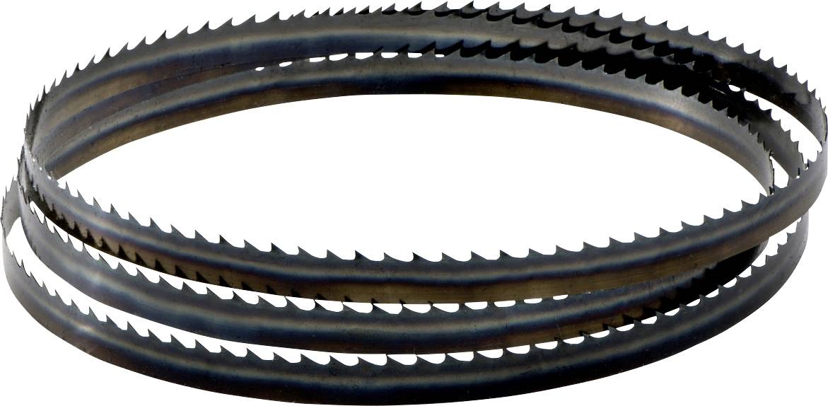 Several bandsaw blades are curved into a circle. They have sharp, serrated edges used for cutting materials.