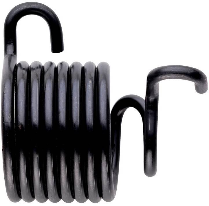 Black metal tension spring with multiple coils, two curved ends; typically used in mechanical applications.