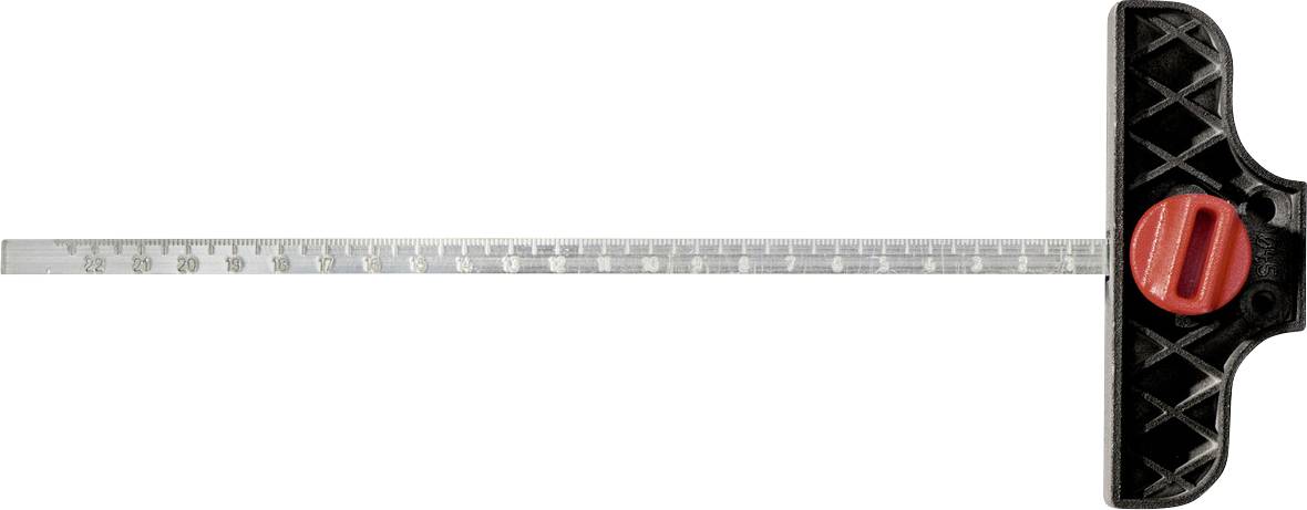 T-profile tool with black grip strip and red-marked fixing, connected to a metallic, linear measuring scale.