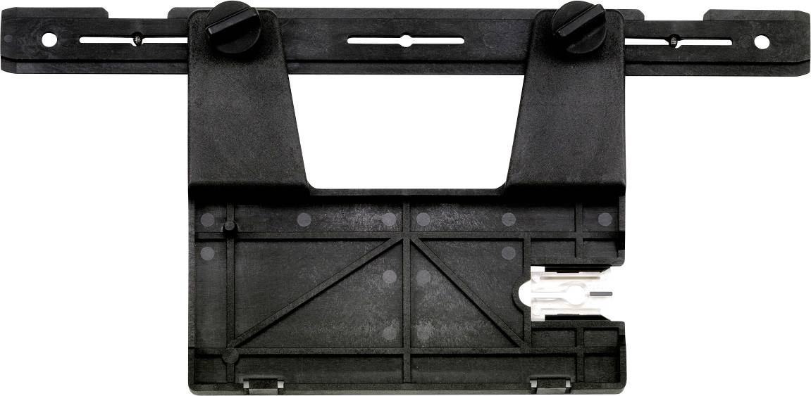 A black, rectangular mounting module with two adjustable screws on top and a lower compartment for electrical connections.