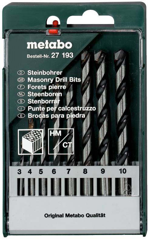 Metabo masonry drill bit set in a plastic case, with six drill bits labeled sizes 3 to 10 mm.