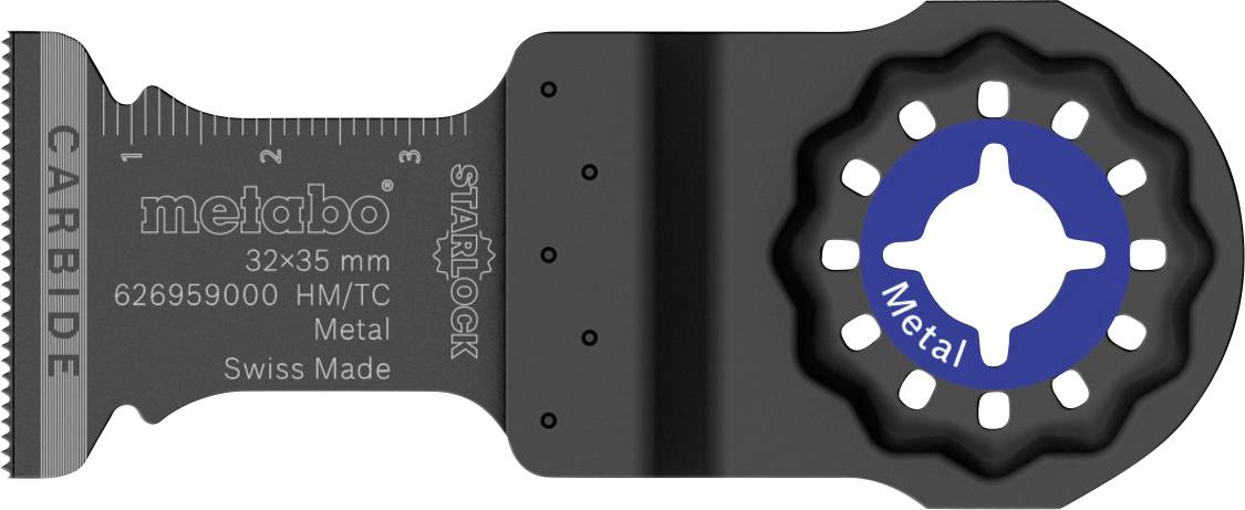 Black Metabo saw blade for metal, 32x35 mm, with Starlock system. Shank measurement marked in inches, 'Carbide', 'Metal' highlighted.
