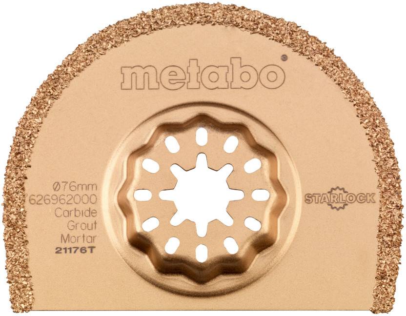 Black cutting disc with orange edges, 'metabo' brand name visible. Text reads: 'Ø85mm 626962000 Carbide Grout+ Mortar Swiss Made'.