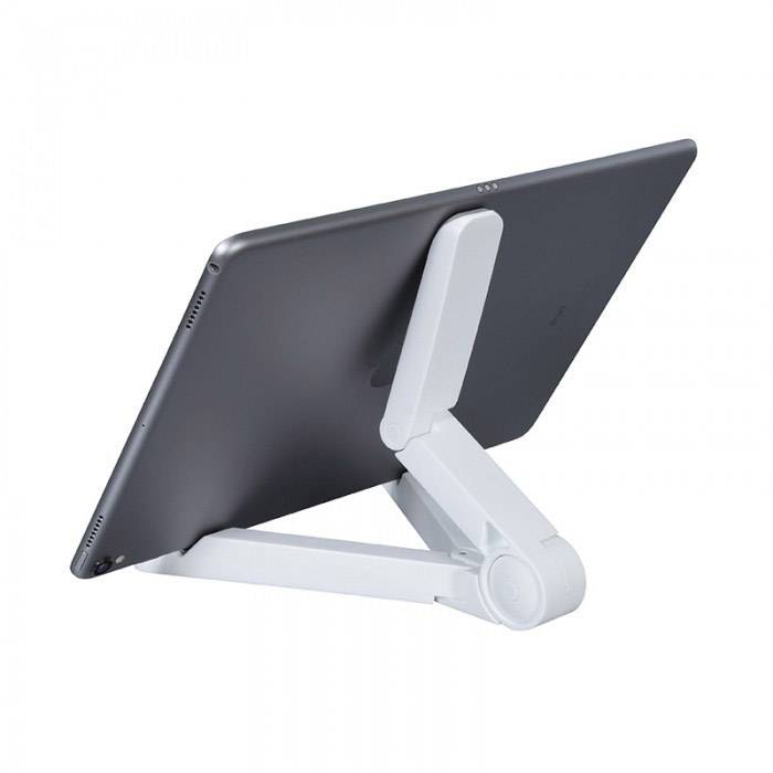 A tablet on an adjustable white stand, which is positioned on a table. The stand holds the tablet in landscape orientation, slightly tilted upwards.
