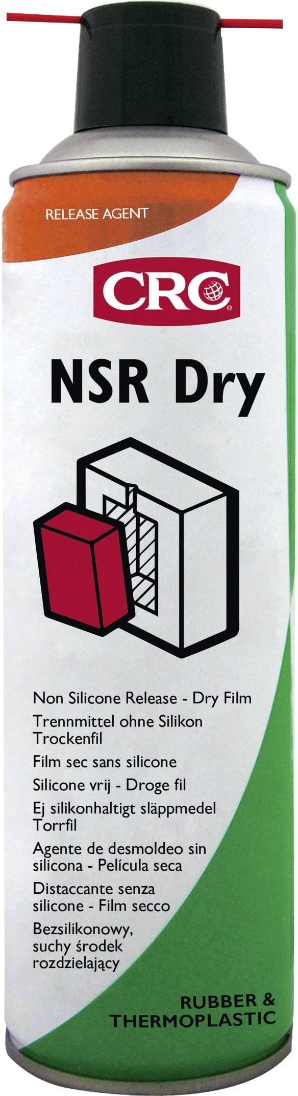 Spray can 'CRC NSR Dry' with non-stick agent. Label: 'Non Silicone Release - Dry Film'. For rubber and thermoplastics.