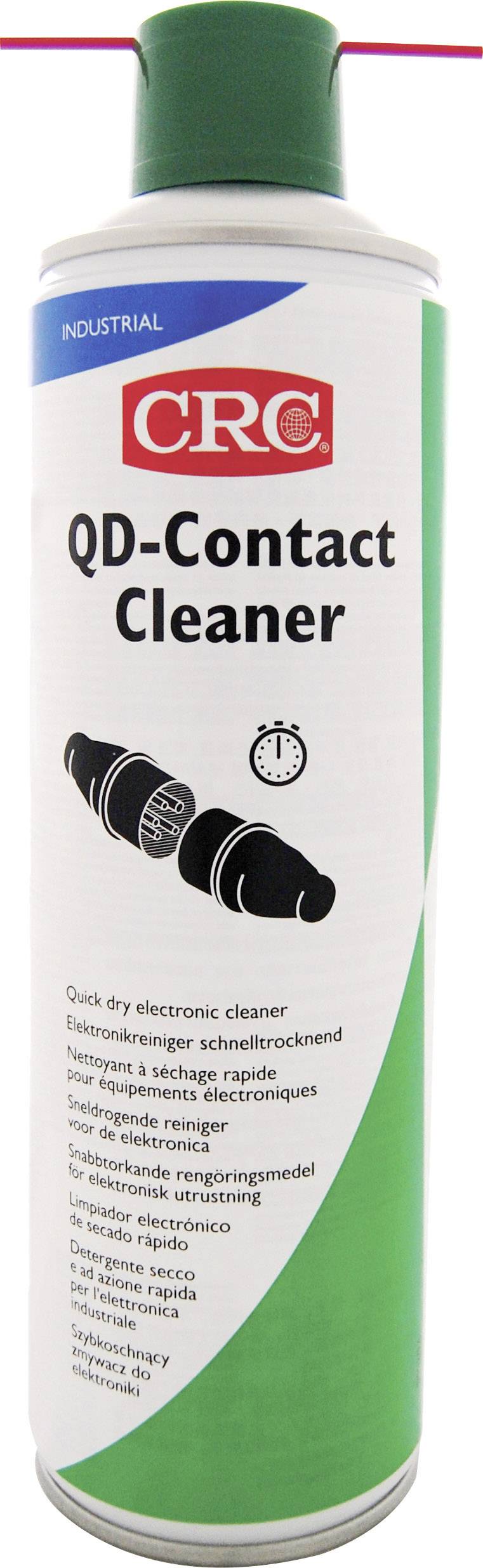 Tin with label QD-Contact Cleaner, an electronic cleaner. Contains symbol for rapid effectiveness. Suitable for industrial use.