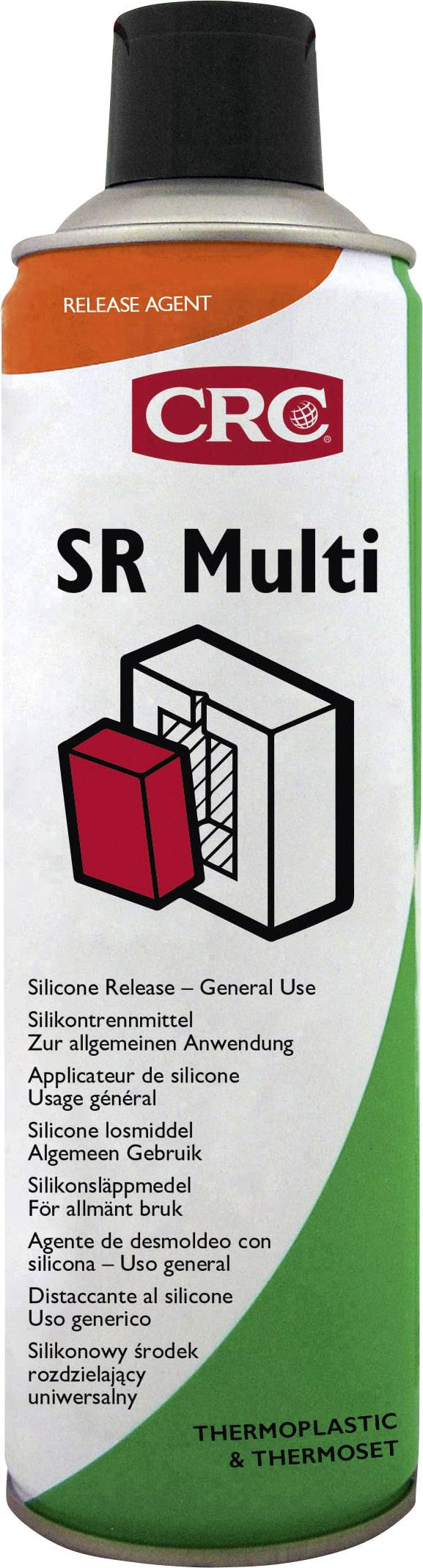 A CRC SR Multi spray can with silicone-free release agent, suitable for plastics and thermoplastic materials.