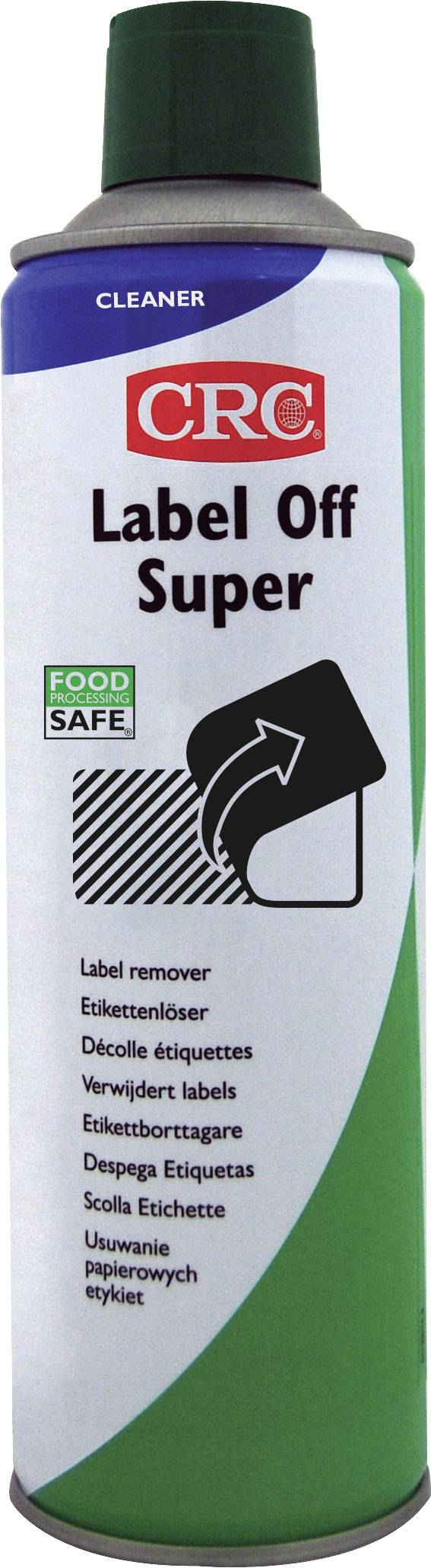 Aerosol spray 'CRC Label Off Super'. Contains label remover. Label shows an arrow pointing to label pattern. Suitable for food contact.