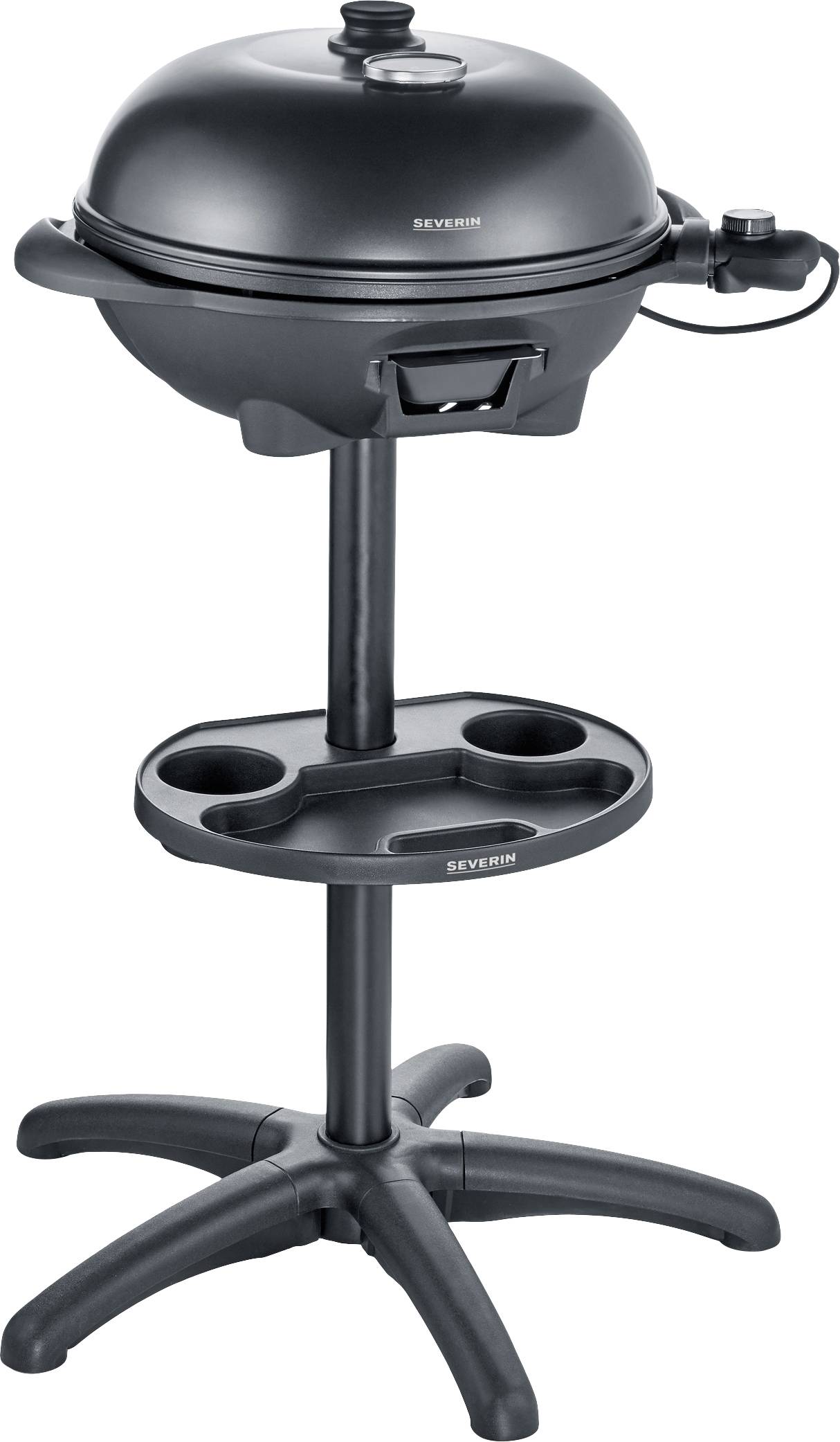 Electric standing barbecue with a round lid and temperature control on a sturdy base. Ideal for patios or balconies.