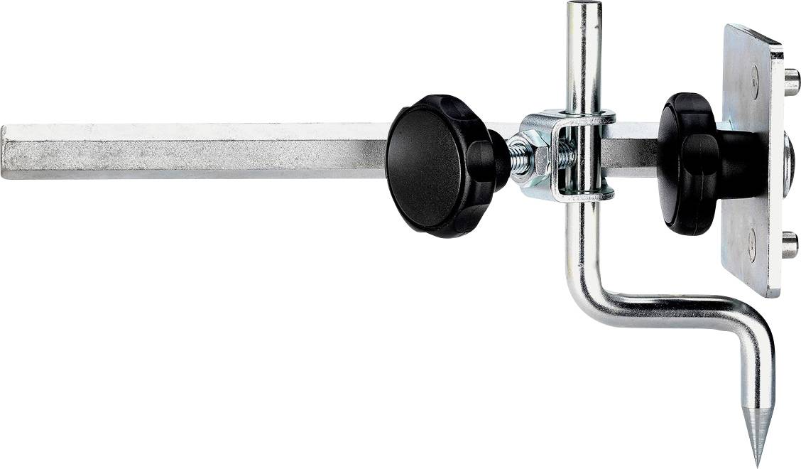 Mounting bracket with adjustable arm and two black rotary knobs. Suitable for attachment to surfaces.