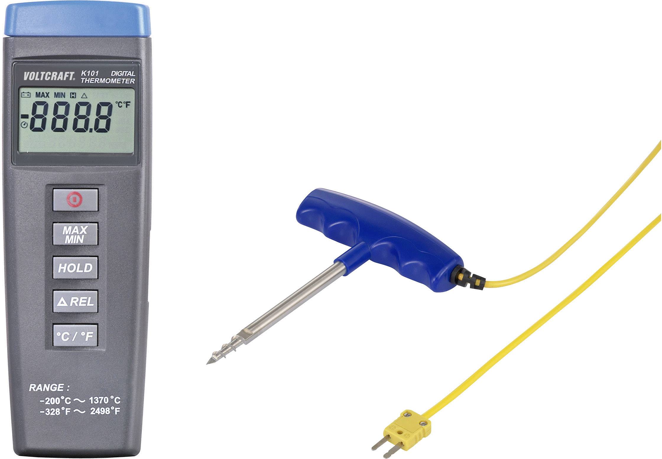 Digital thermometer with display '888.8', connected to a yellow temperature electrode and blue handle. Measures from -200°C to 1370°C.