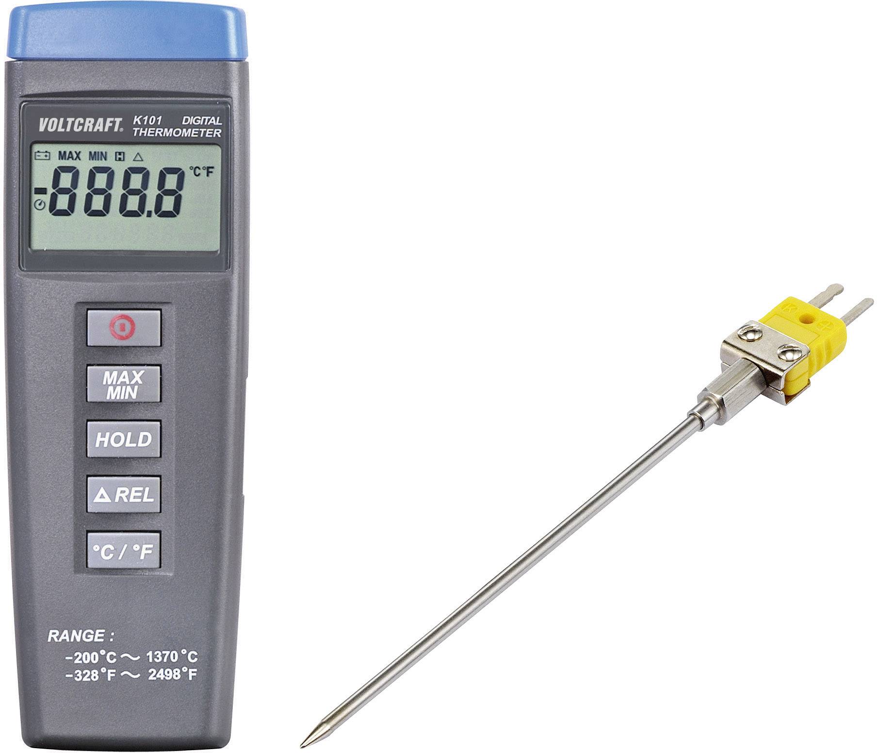 Digital thermometer with measuring probe and display, showing temperature in Celsius; suitable for -200°C to 1370°C.