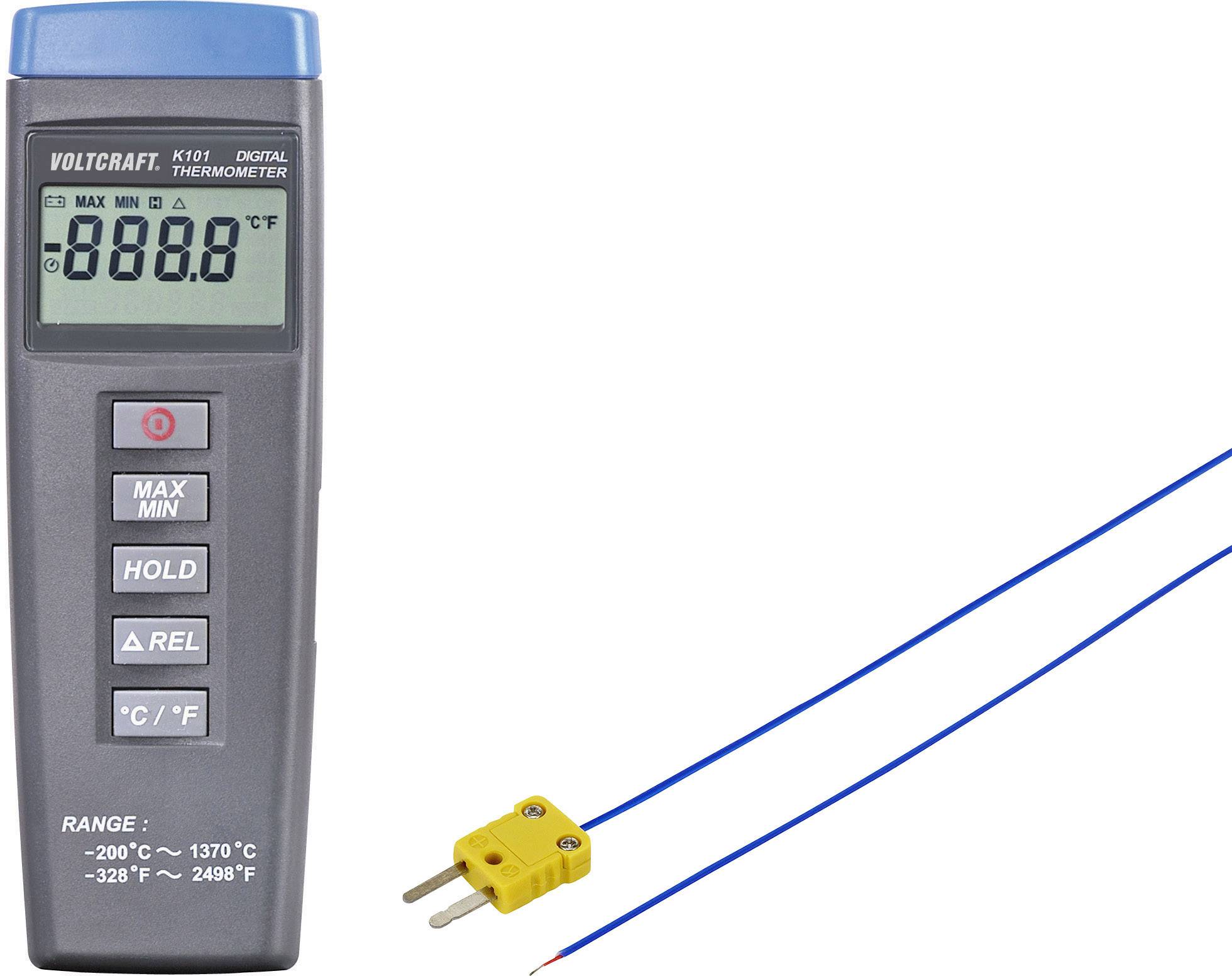 Digital thermometer with displayed reading. Device shows '-888.8'. Temperature range: -200°C to 1370°C. Two measurement probes available.