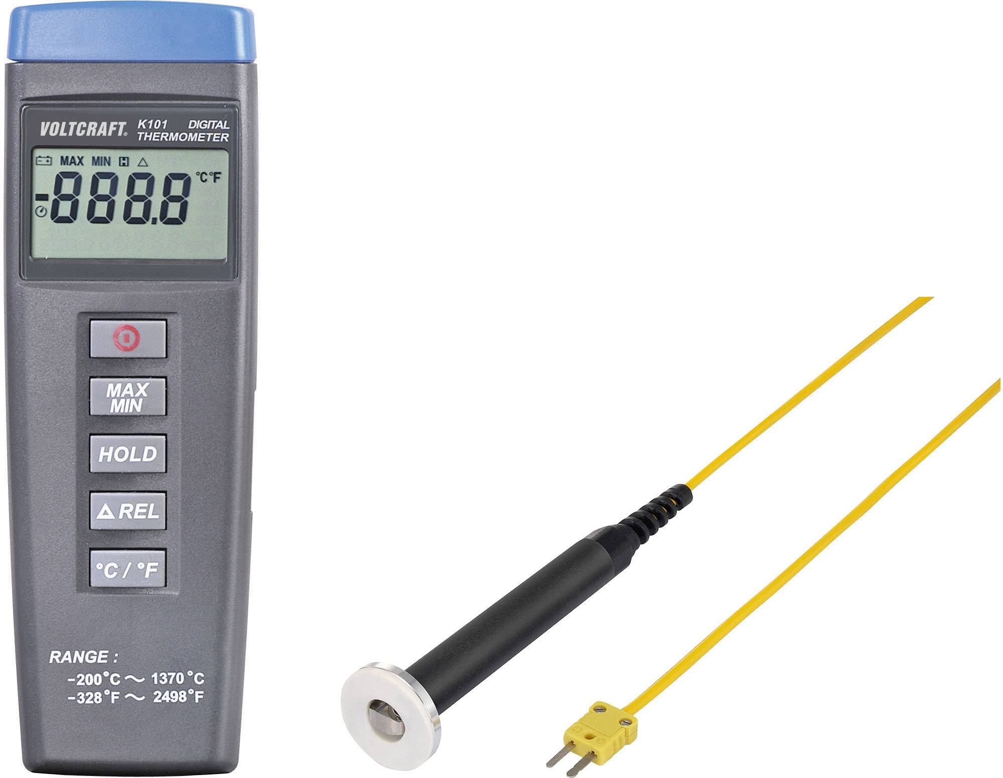 Handheld thermometer with digital display, showing '-888.8'. Beside the device, a yellow temperature sensor cable with a metal tip.