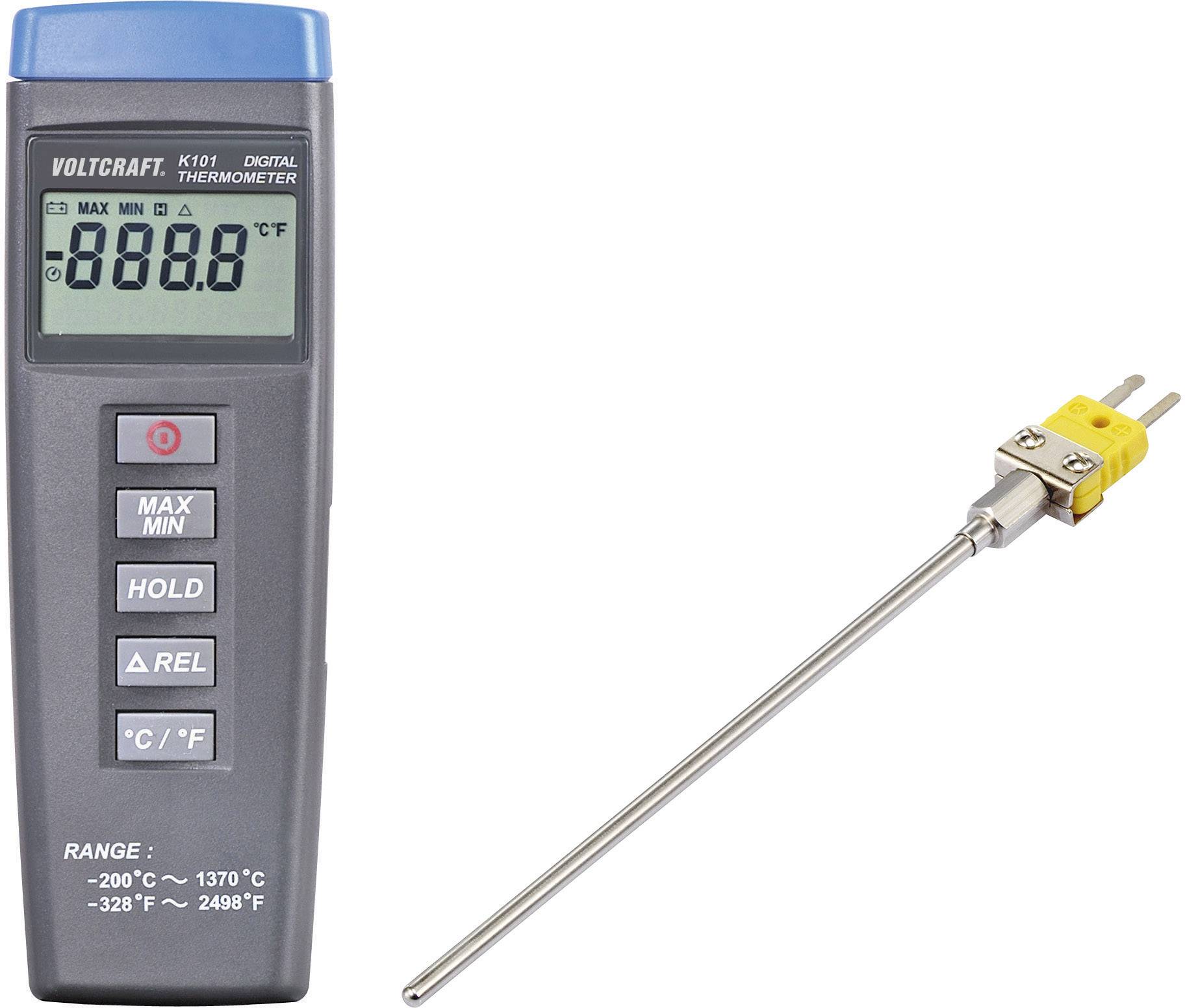 Digital thermometer with display. Shows temperature measurement in degrees Fahrenheit. Measuring probe included.