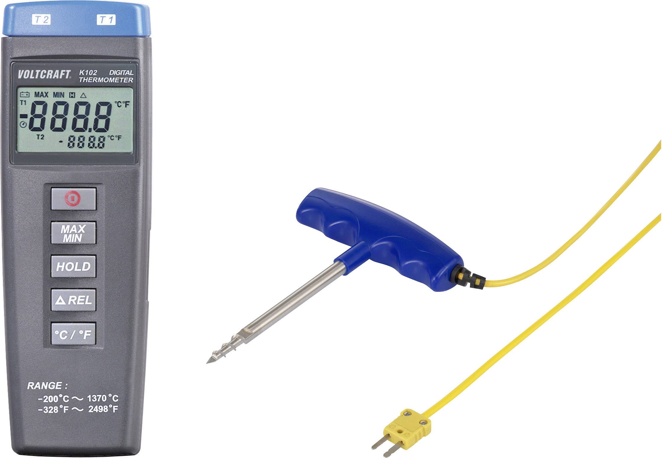 Digital thermometer with LCD display showing '888.8'. Yellow temperature sensor with blue holder and metal probe for measurements.