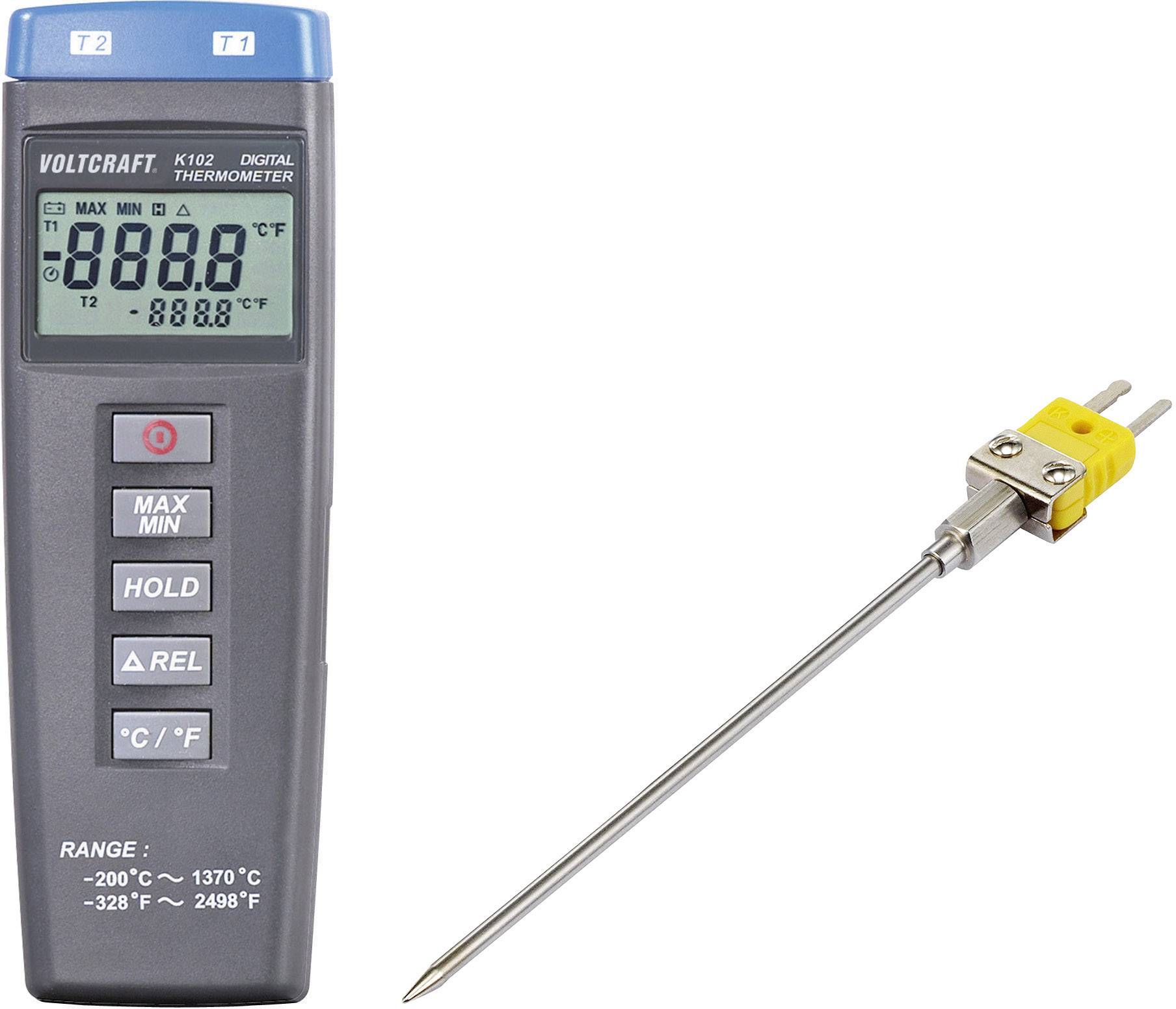 Digital thermometer with display and detached temperature sensor. Display shows '888.8°F'. Buttons for 'MAX MIN', 'HOLD', 'REL', and temperature range.