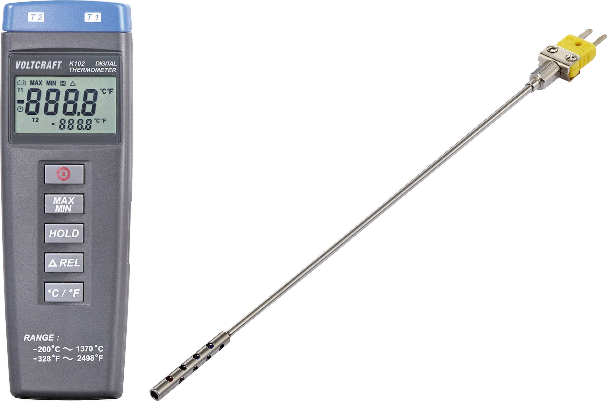 Digital thermometer with a long, metallic probe. Display shows '888.8'. Device suitable for temperatures from -200°C to 1370°C.