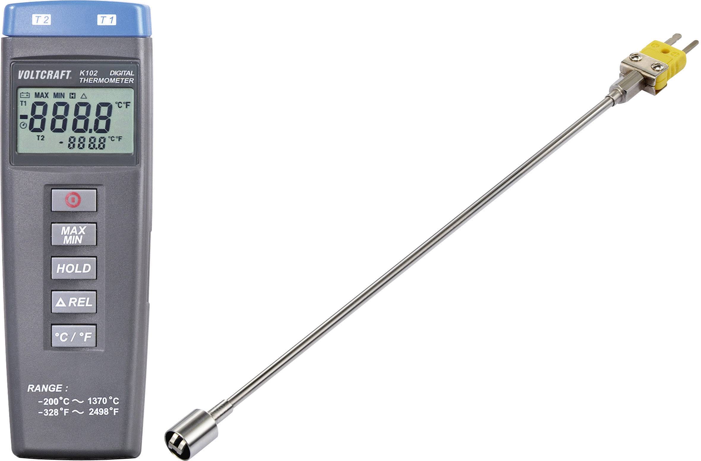 Digital thermometer with metal probe, displaying '888.8' on the screen. Suitable for temperature measurements from -200 °C to 1370 °C.