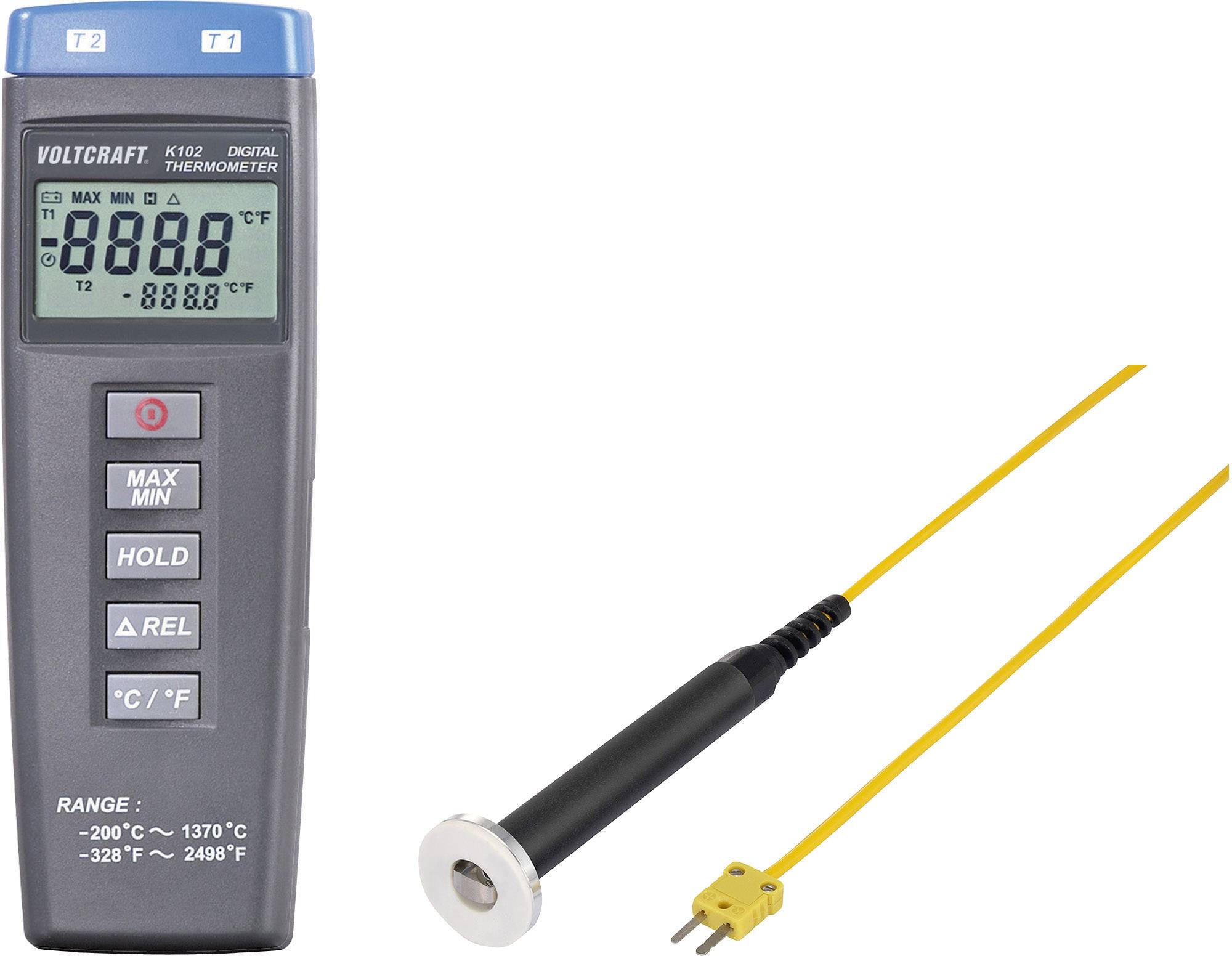 Digital thermometer with two yellow probes, temperature displayed on screen. Measuring range: -200°C to 1370°C.
