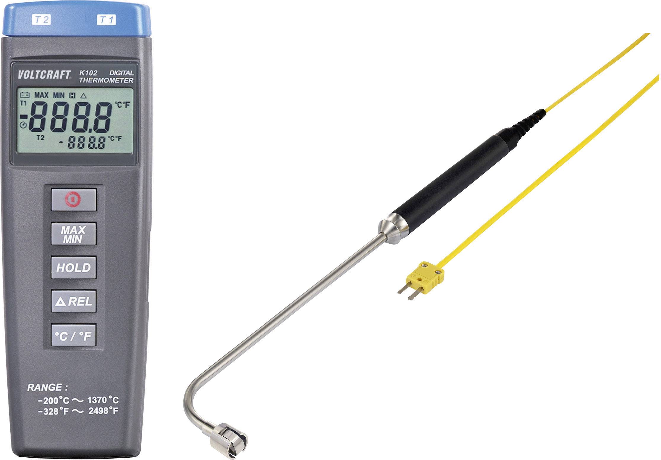 Digital thermometer with probe, displays max, min and hold functions. Temperature range: -200°C to 1370°C.